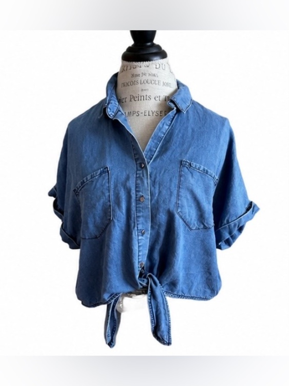 DD77 Chambray Denim Tie Front Button Up Shirt Size L